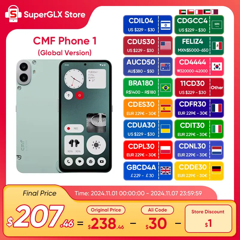 

2024 New Global Version CMF Phone 1 Smartphone 6.67" 120Hz Super AMOLED Screen MTK Dimensity 7300 50MP Camera 33W Fast Charging