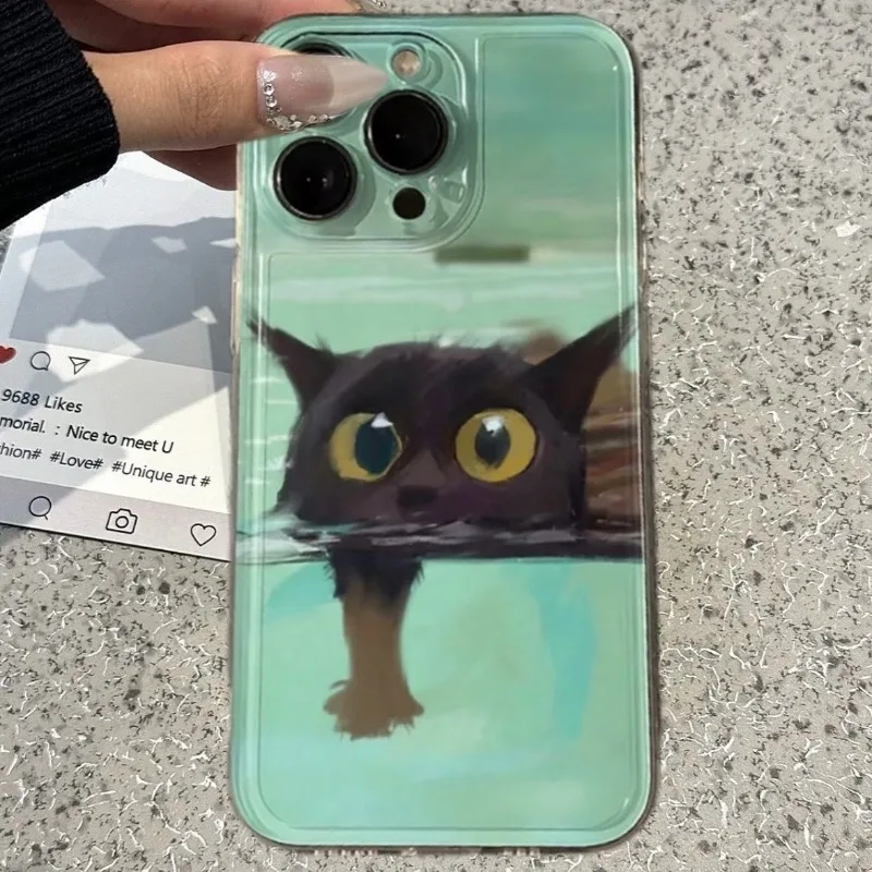 النفط اللوحة الأصفر الكلب الأسود القط قضية الهاتف آيفون 17 16 15 11 12 14 13 برو ماكس Mini X XS XR 7 8 Plus SE4 16e السيليكا يغطي #2
