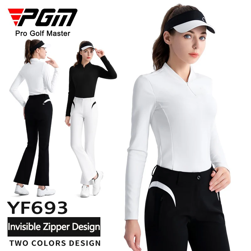 PGM Golf Women Long Sleeve T-Shirt Breathable Zipper Collar Shirts Spring Autumn Elastic Comfort Tops Ladies Casual Golf Apparel