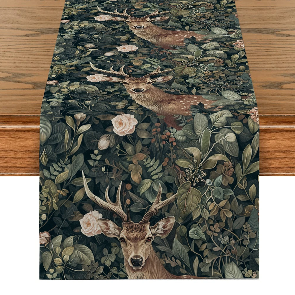 William Morris Plant Deer Fox Table Runner Polyester Table Runners for Dining Room Cottagecore Polyester Table