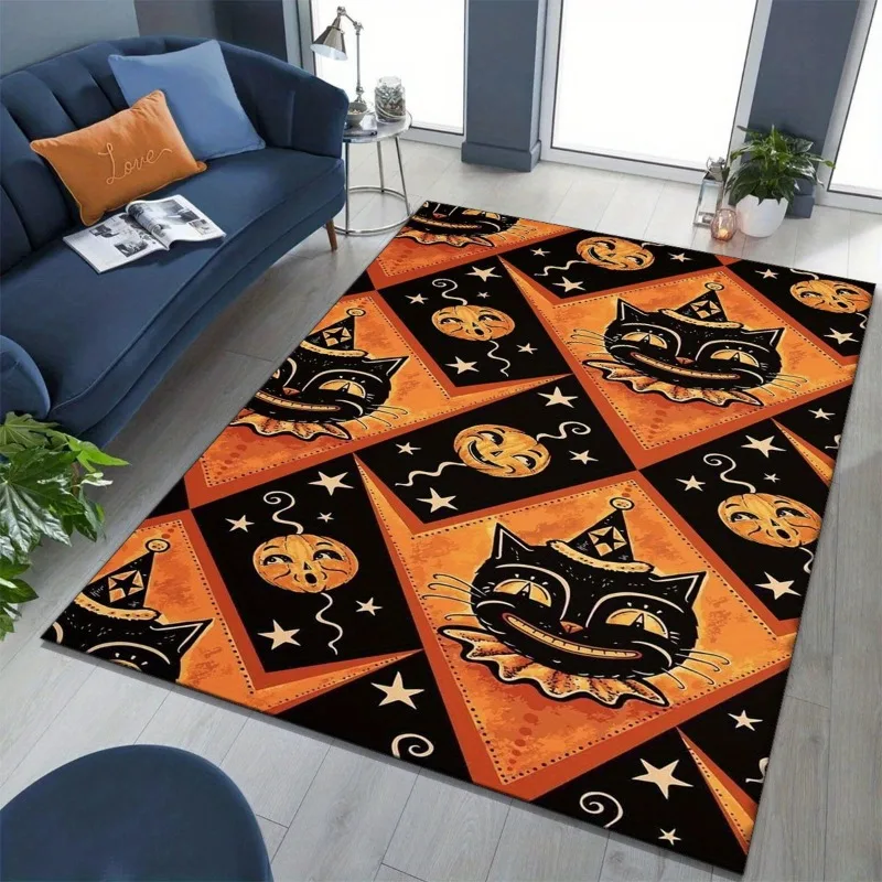 

Halloween Themed Mat for Living Room Bedroom Dining Home Decor with Pumpkin and Cat Patterns Decorate