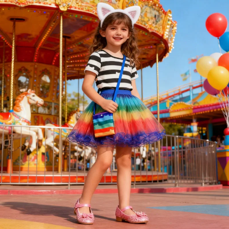 Karneval-Party-Cosplay-Kostüm für Mädchen, Regenbogen-Top + Tutu-Kleid + Taschen-Sets für Kinder, Weihnachten, Geburtstag, Rollenspiel, Mädchenkostüm