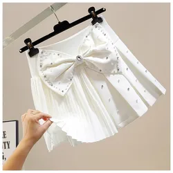 2024 French Sweet 3D Large Bow Pleated Skirt Women's Summer New Studded Diamond A-Line Korean High Waisted Culotte