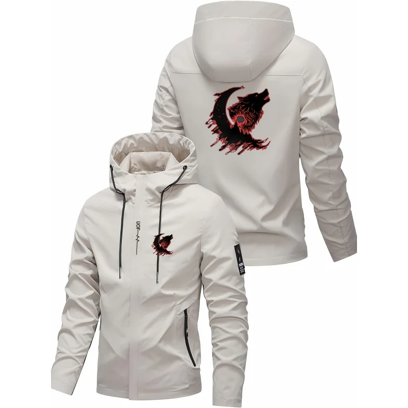 

Мужская высококачественная куртка с капюшоном, с принтом в виде волка, повседневная уличная куртка на молнии, всесезонная куртка для активного отдыха весной и осенью.