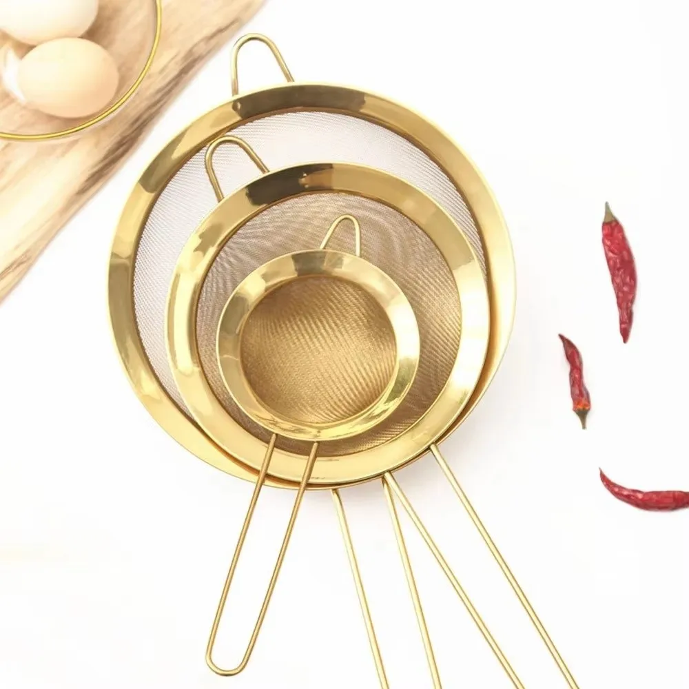 Neues Ölsieb aus Edelstahl, feinmaschiges goldenes Mehlsieb, Sieb, Mehlsieb, Küchenbackgeschirr