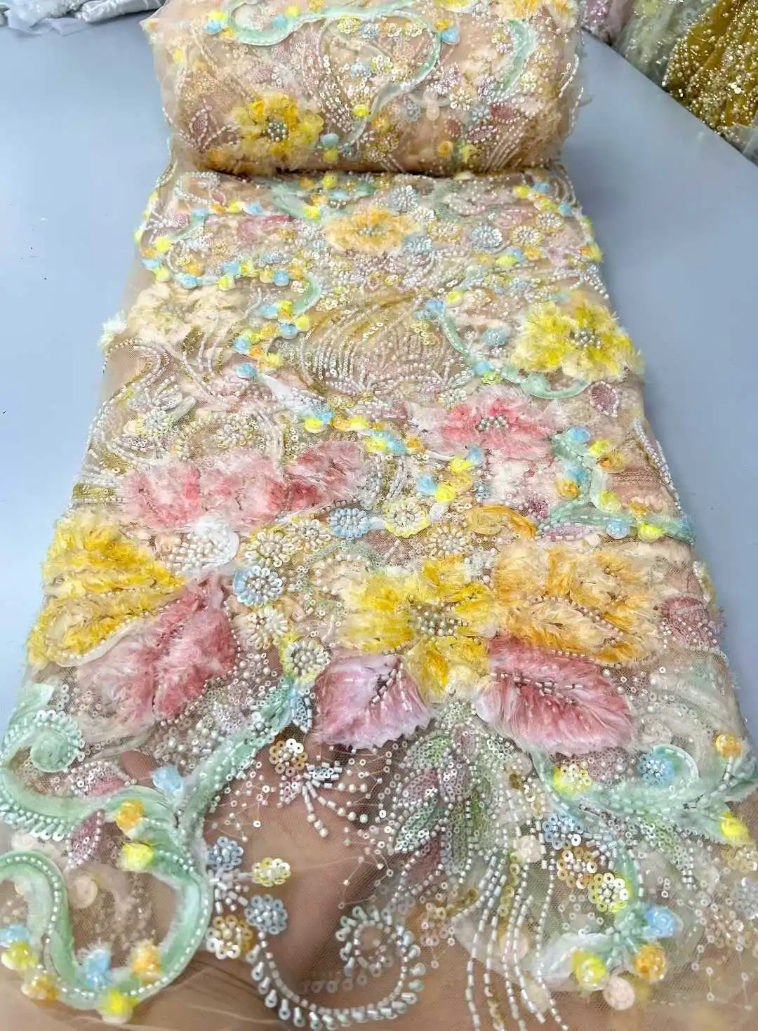 

African Flower Groom Lace Fabric 2026 High Quality Nigeria French 3D Mesh Sequin Lace Fabric Embroidered Dubai For Wedding Dress