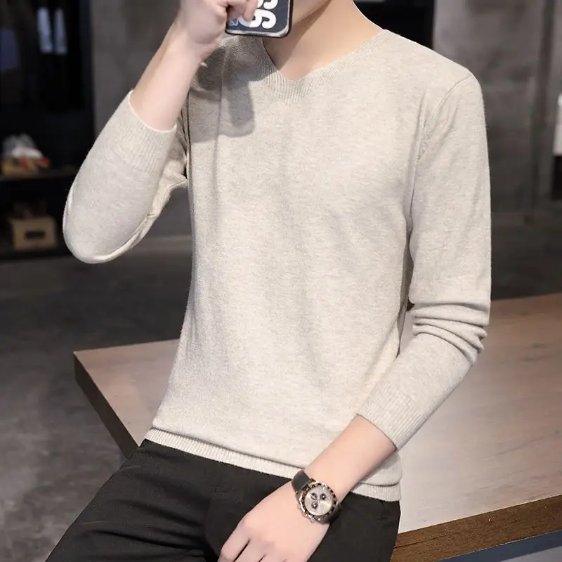 Autumn V-neck Cardigan Men's Slim Fitting Soft Sweater Solid Color Minimalist Thermal Underwear Knitted Shirt Thin Layer Z55