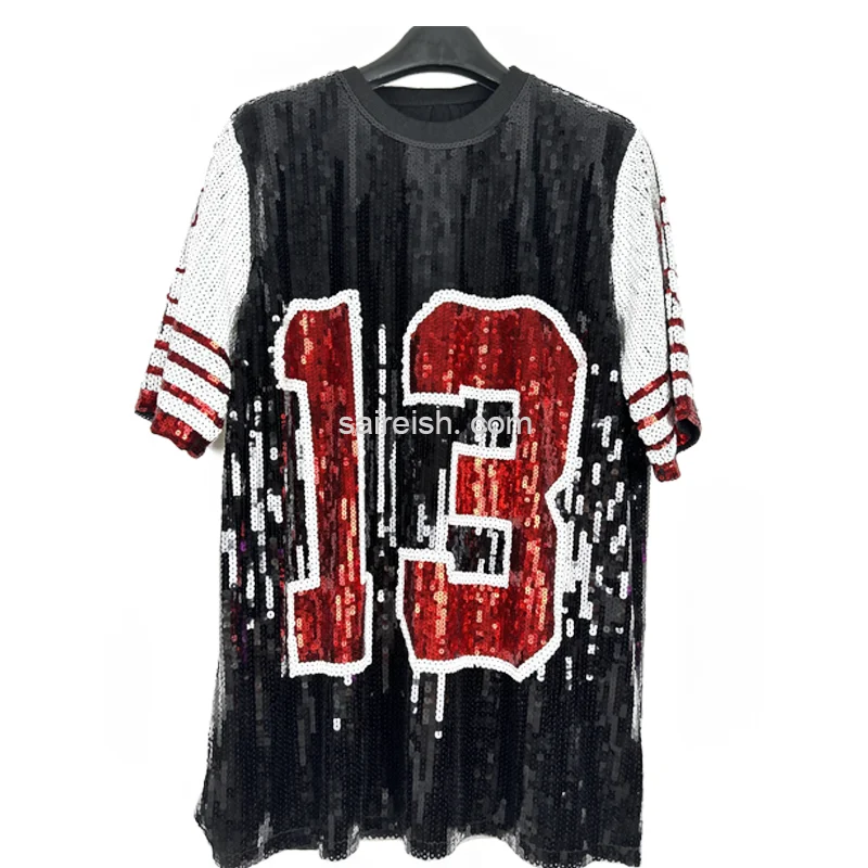 custom performance ladies Summer sequin hip hop t-shirts Number 13 Sleeve  Sequin T Shirt Jersey Shirt