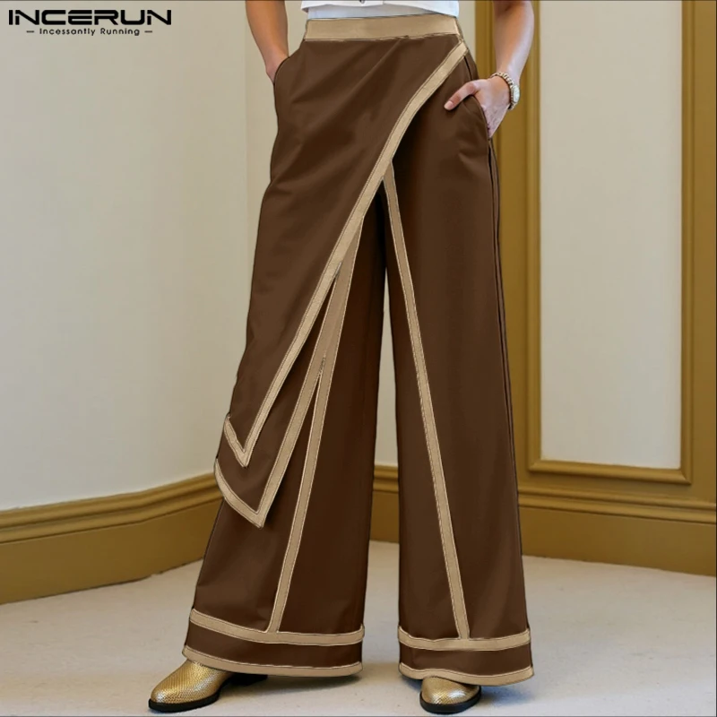 

INCERUN мужские брюки нестандартной формы в стиле пэчворк с эластичной резинкой на талии, широкие брюки, мужская уличная одежда, свободные модные мужские длинные брюки 2025 г.