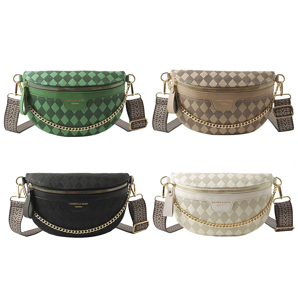 Rhombic Lattice Chest Bag Fashion Chain Women Messenger Bags Casual PU Leather Portable Simple Wide Strap for Weekend Vacation