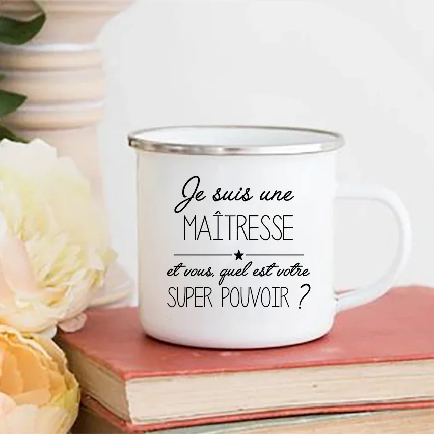 Creative Coffee Cups Merci Maîtresse Print Mugs Drinks Water Milk Cup Enamel Mug School Home Handle Drinkware Gift for Maîtresse