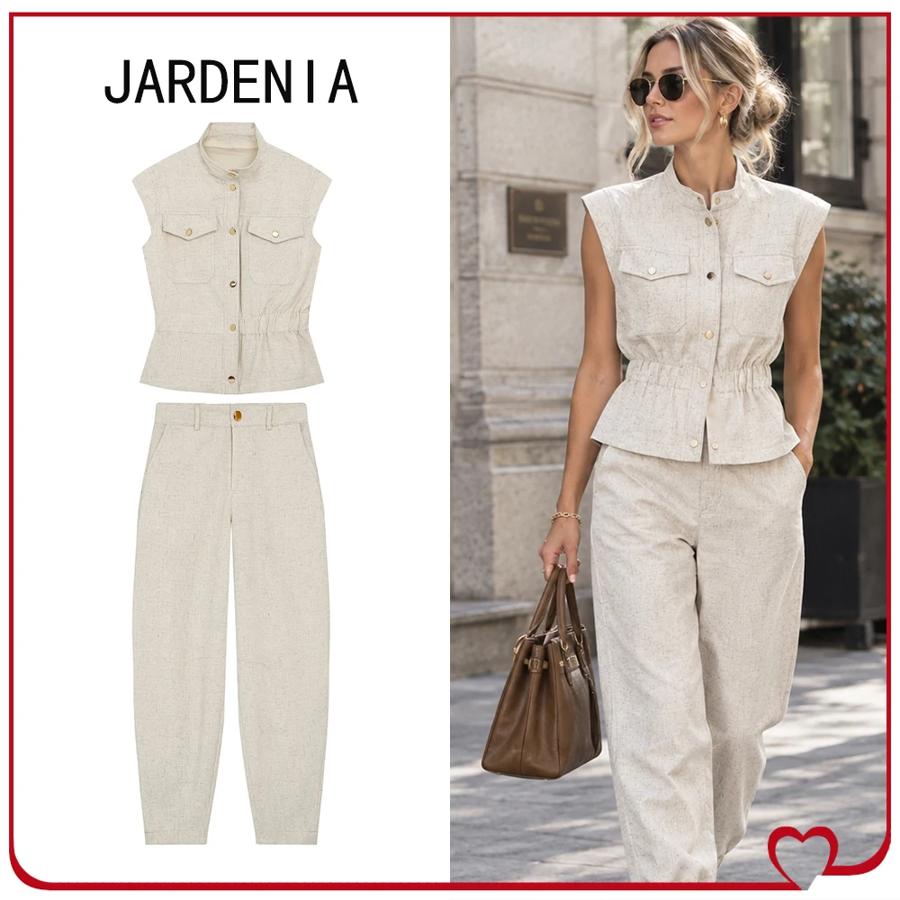 New in Summer Women's Pant Sets Linen Blend 2 Piece Set Light Beige High Collar Pocket Vest Matching Tonal Mid-rise Barrel Pants