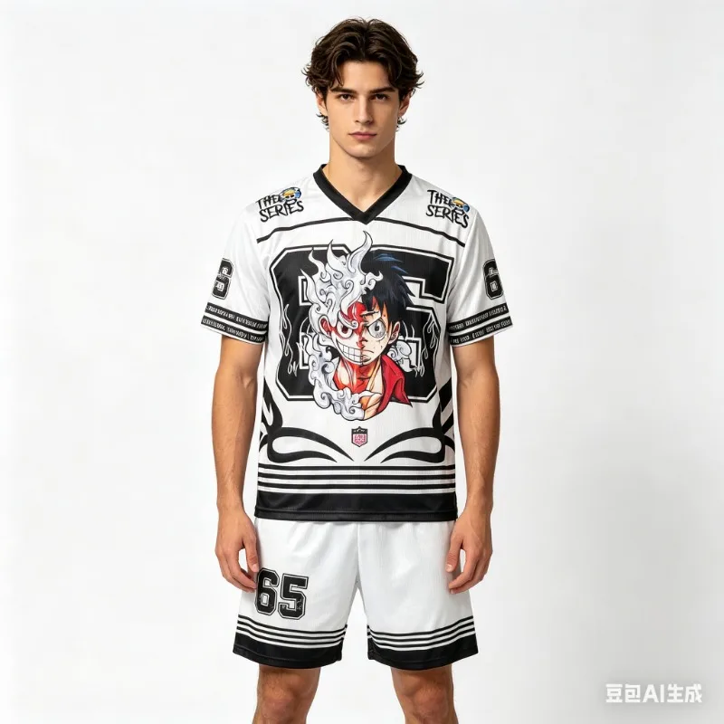 

Men's One Piece Luffy Gear 5 2-Piece Set Jersey Style V-neck Short Sleeve Tee and Matching Shorts #65 Casual Streetwear
