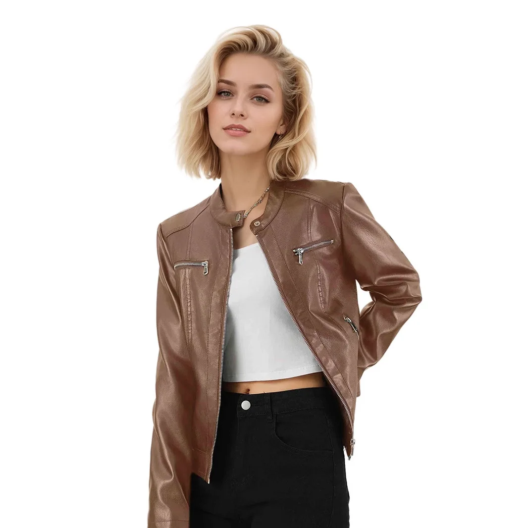 Jaqueta pu feminina casacos de couro falso streetwear zíper gola vintage moto biker casaco curto outerwear feminino outono 2025