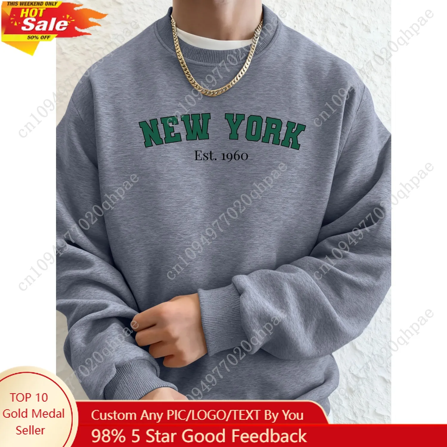 

New York 1960 Letter Creative Print Sportswears Man Long Sleeved Trendy Hoodies O-Neck All-Match Clothes Sport Fleece Sweatshirt