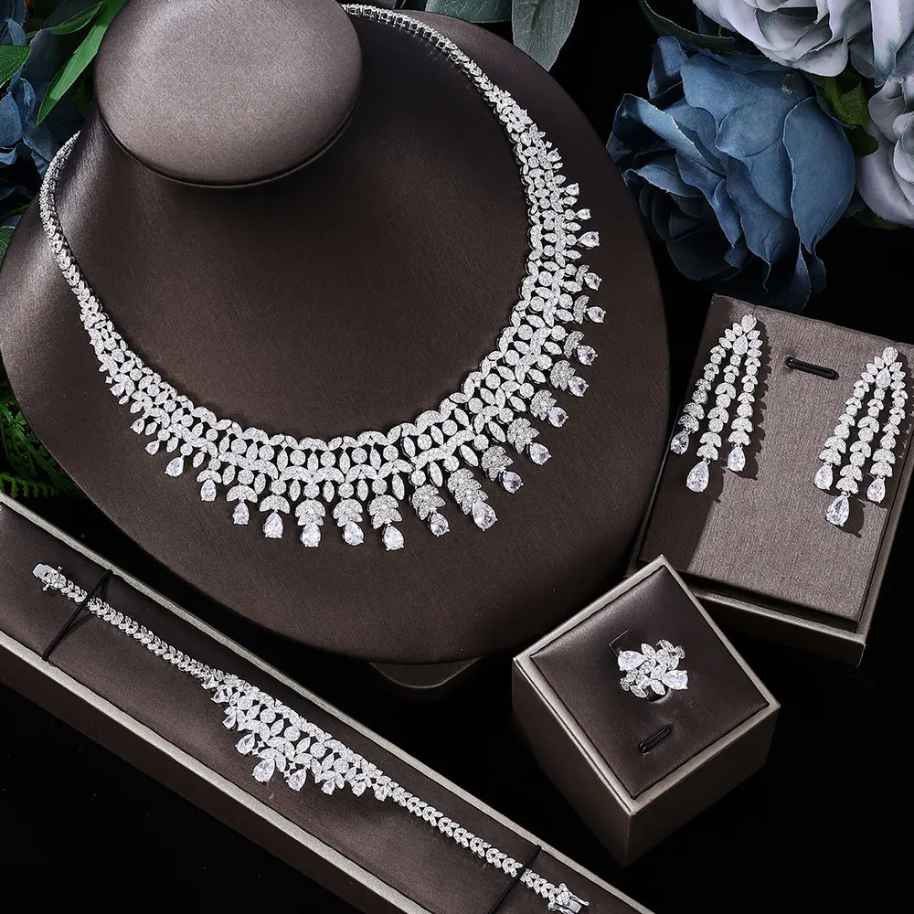 Ingenious 4pcs Bridal Zirconia Full Jewelry Sets For Women Party, Luxury Dubai Nigeria CZ Crystal Wedding Jewelry Sets