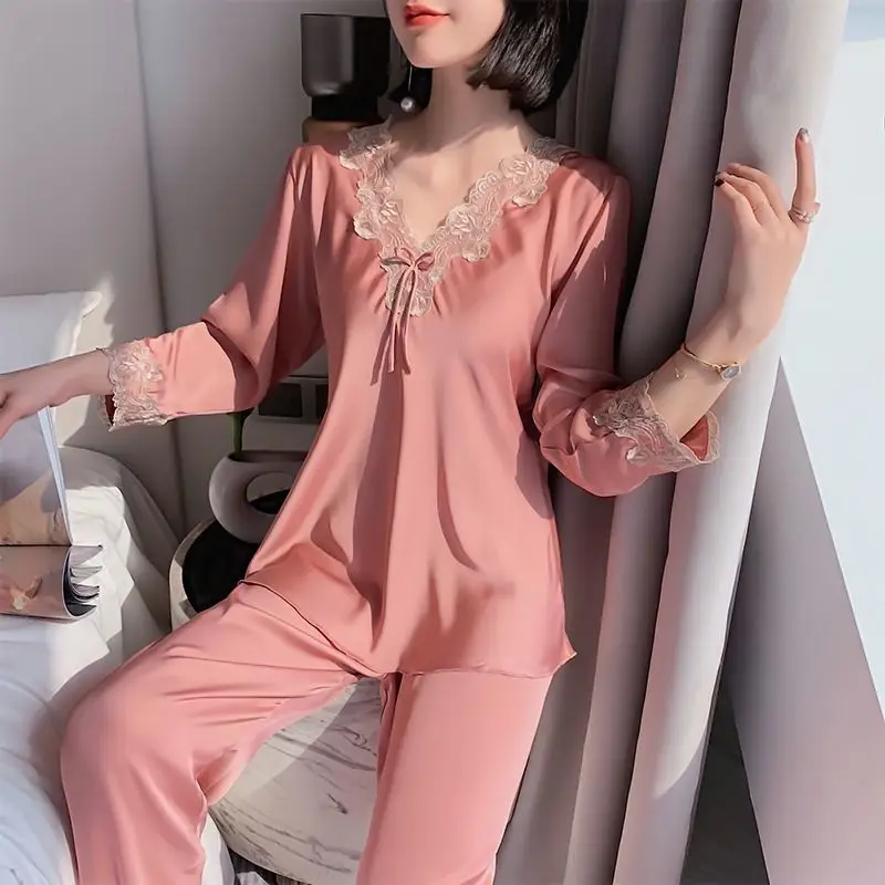 Women Silk Sleepwear Lace Tops Pants Pajama Sets Two Piece Suit Loungewear Sexy V-neck Nightwear Luxury Brand Women Clothing