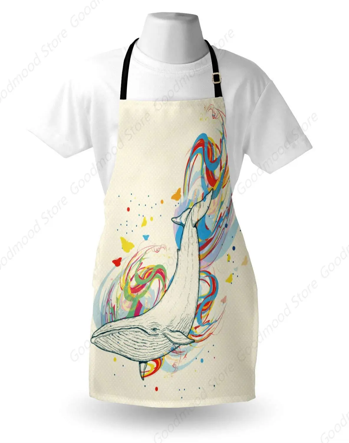 Whale Apron, Whale Cartoon diving into the Ocean and Dividing the Water Unisex Kitchen Bib Apron