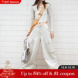 Maden Calças cargo femininas com bolsos grandes calças largas brancas soltas calças vintage casuais de cintura média perfeitas para looks de rua