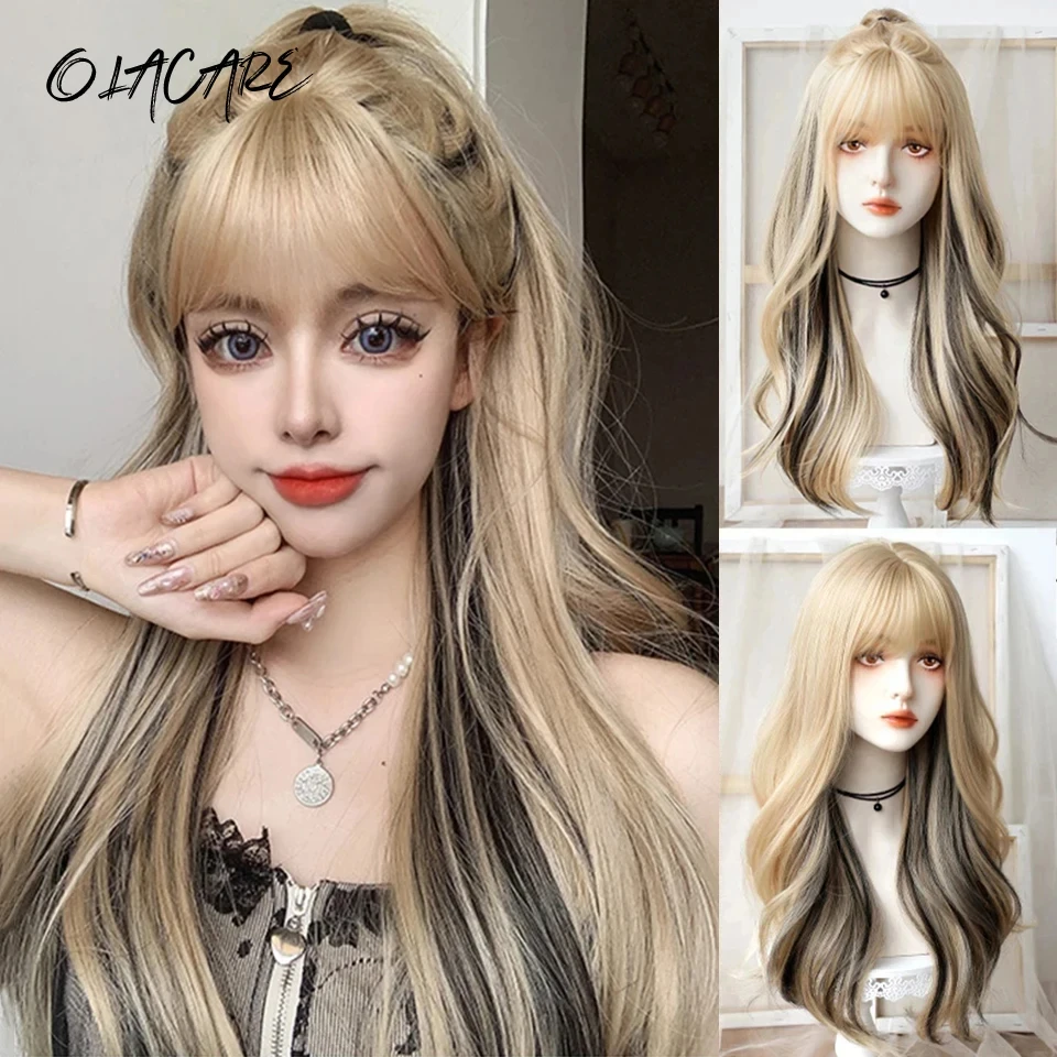 OLACARE Long Wavy Curly Blonde Black Hair Highlights Synthetic Blend Wigs With Fluffy Bangs For Women's Daily Wear Four Season