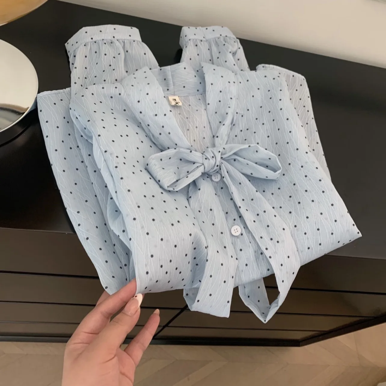 Light Blue Tiny Black Polka Dot Bow Tie Neck Long Sleeve Blouse Women Wrinkle Textured Chiffon Puff Cuff Elegant Office Shirt - view 2