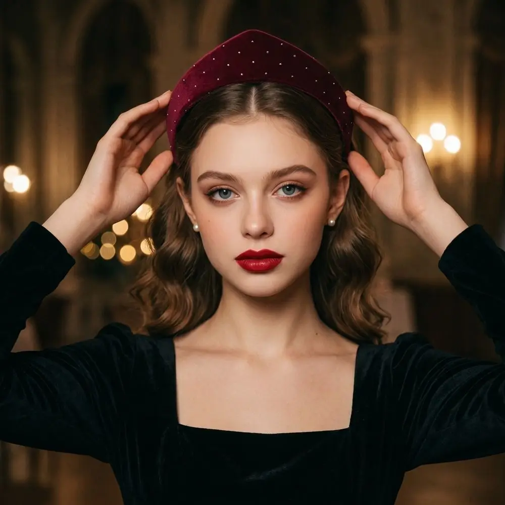 

Elegant Rhinestone Velvet Crown Headband Triangle Baroque Sponge Hairband Classical European American Style Elastic Hair Hoop