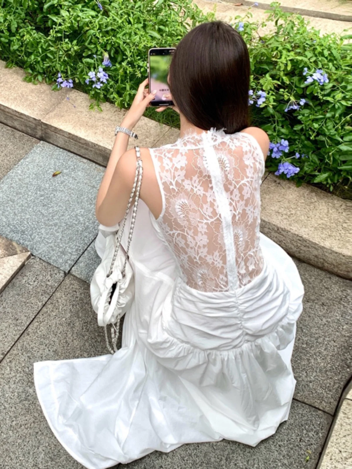 

Korean Style Sexy Backless Lace White Dress Ladylike Long Skirt Open Split Soft Polyester Fiber mid Stretch Non Fading City C...