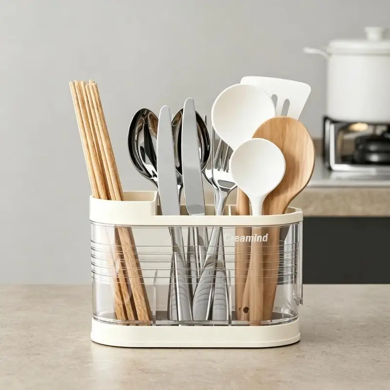 3-Compartment Cutlery Holder Drainable Minimalist Kitchen Organizer Space Saving Flatware Storage for Sink Countertop