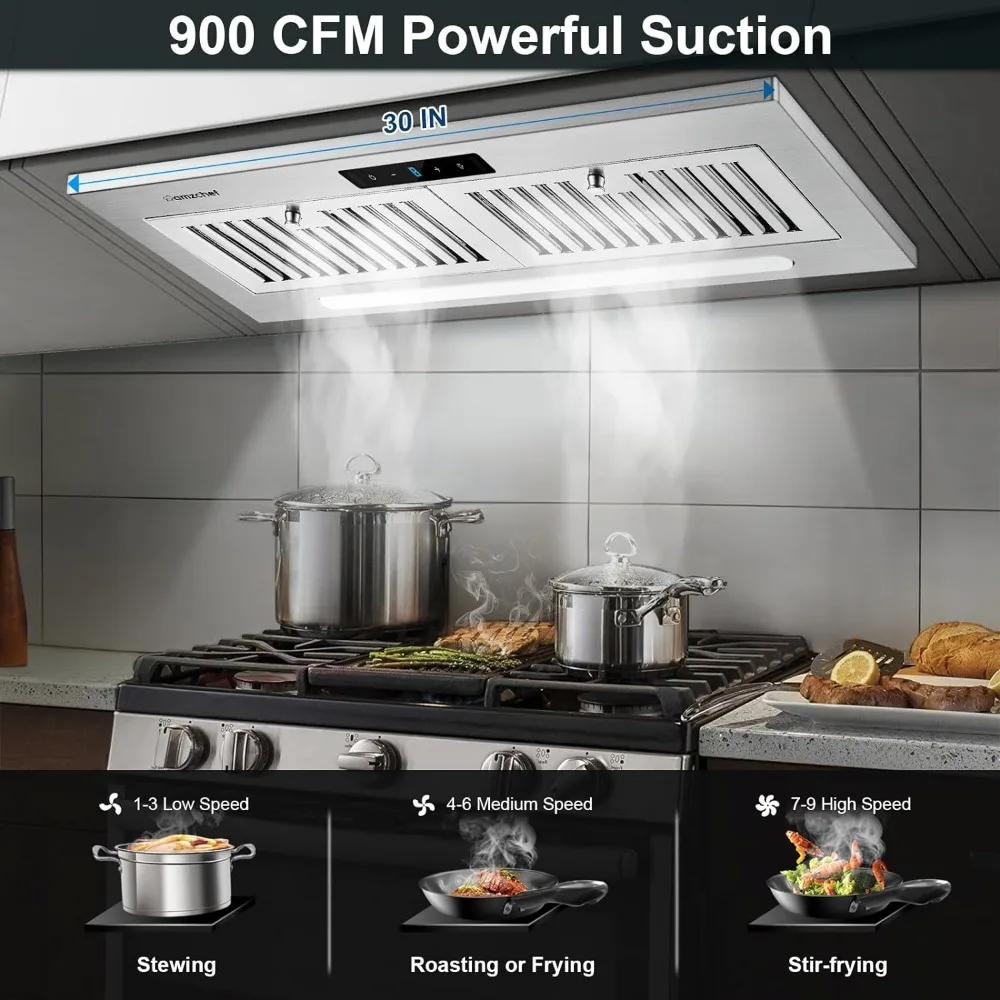 Afzuigkap Invoegen 30 Inch 900 Cfm Met 9 Speed Ventilator, Handige Gebaar Touch Control, Etl Vermeld, 3W Led Lichtstrip