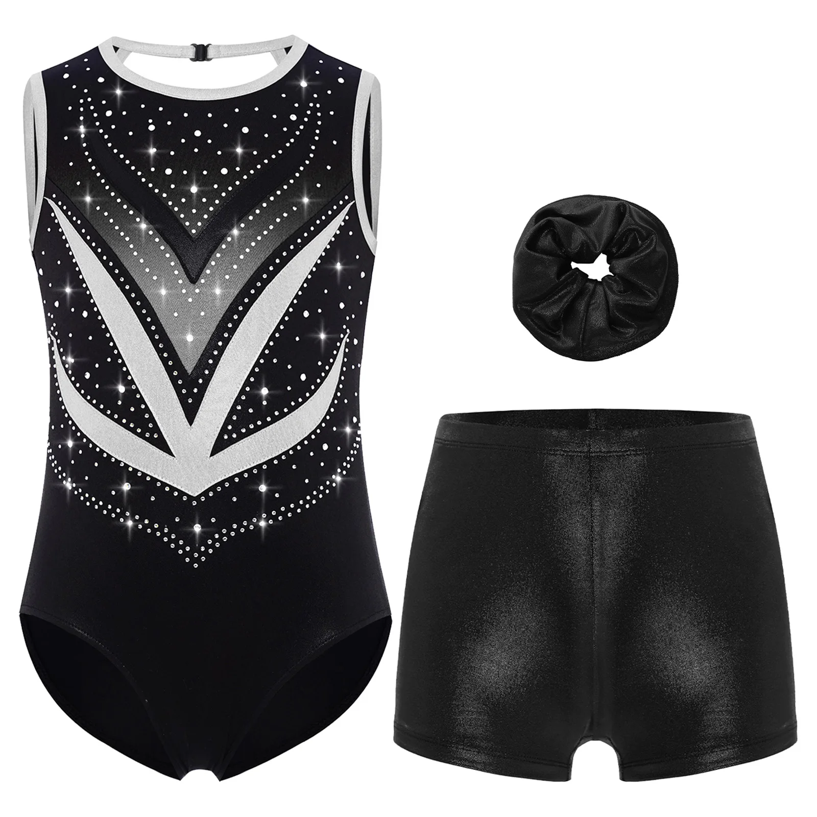 

Kids Girls Gymnastics Ballet Dance Leotard Set Sleeveless Crisscross Cutout Back Mesh Shiny Rhinestones Bodysuit+Shorts+Hairband