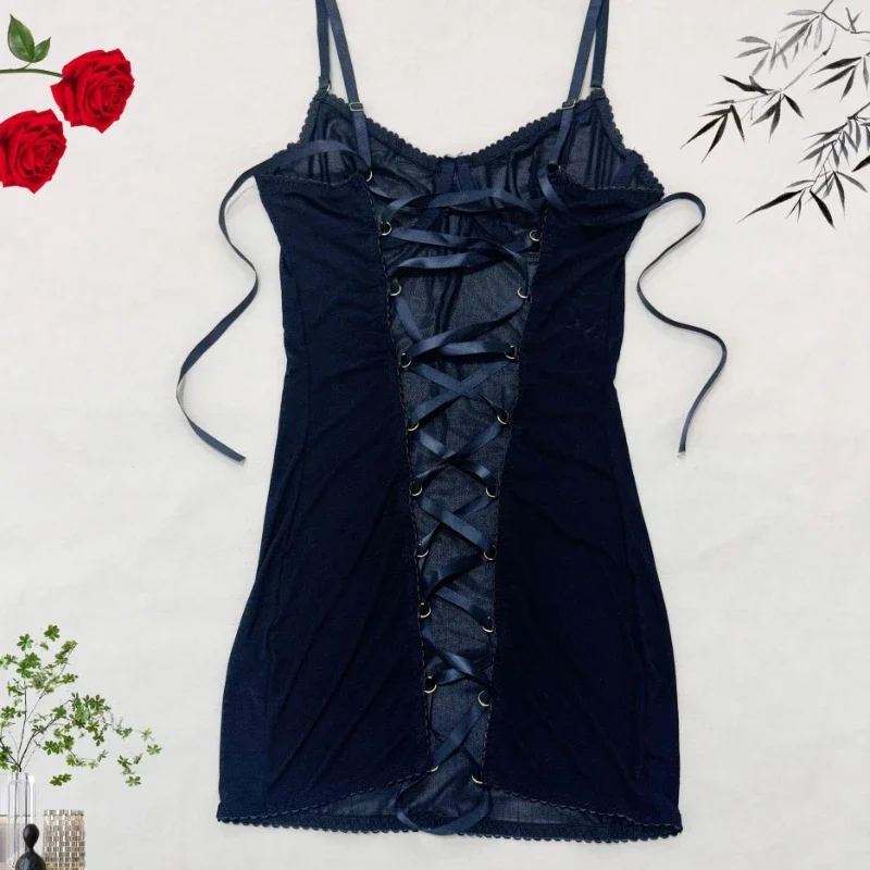 

Push up Chest Support Mesh Spaghetti-Strap Dress See-through Sexy Contrast Color Cross Lace-up Backless Sexy Corset