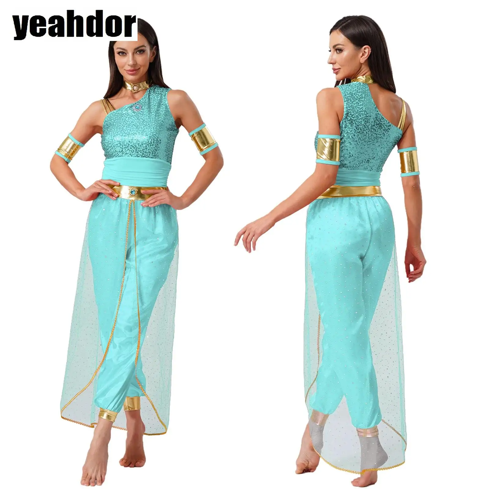 

Halloween Arabian Princess Costume Indian Belly Dance Outfit Shiny Tulle Overlay Jumpsuit with Sleeves Fancy Dress Up Outfits