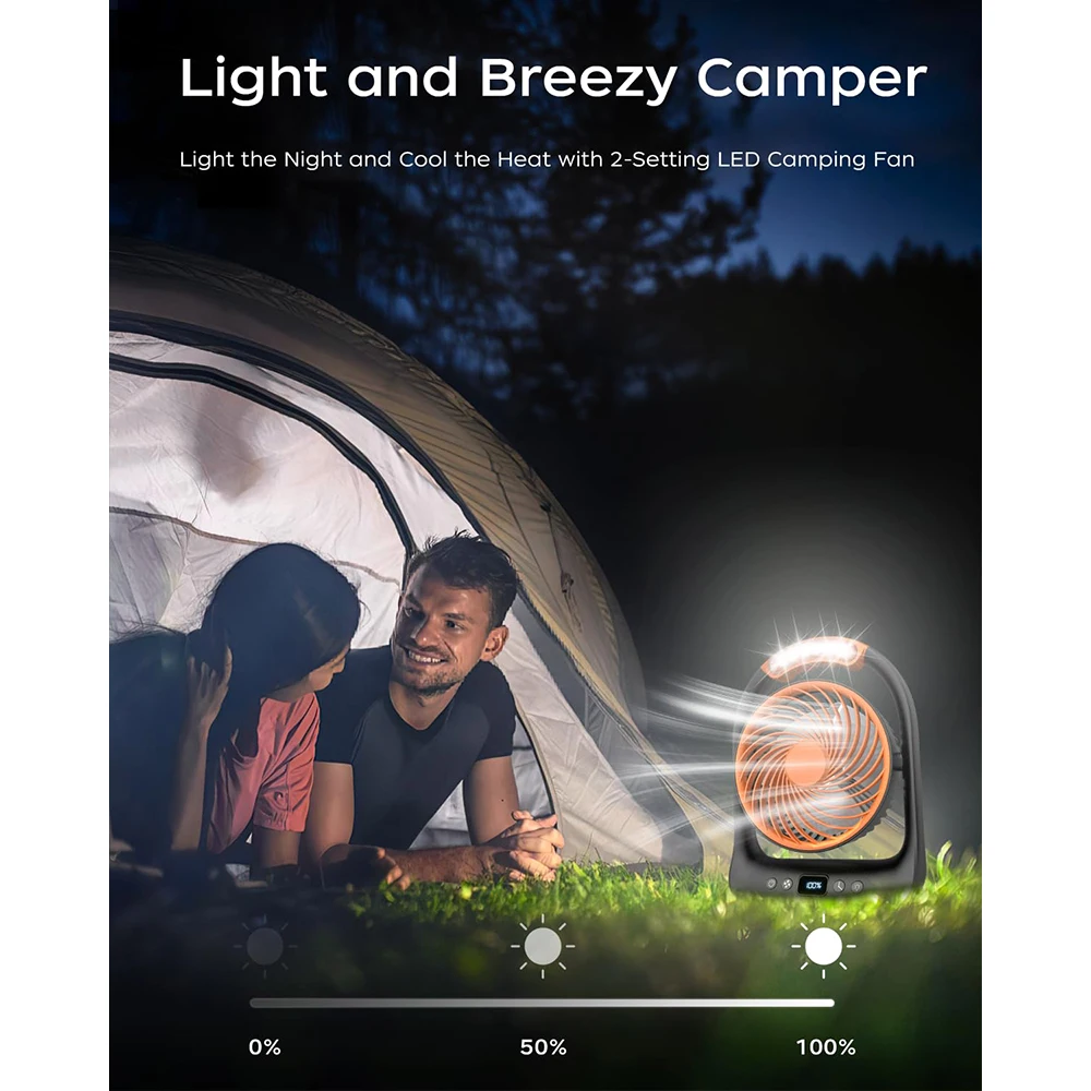 مروحة تخييم 3 سرعات قابلة للتعديل مروحة مكتب محمولة قابلة للشحن 360 درجة °   مروحة كهربائية قابلة للإمالة مع مروحة تبريد للوقت المحدد LED