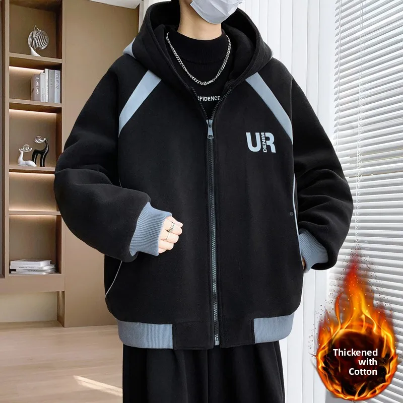 

Hooded Thiened Cotton Jaet for Men Casual Warm Winter Coat Windproof Long Sve Zipper Closure Color Youth Faion