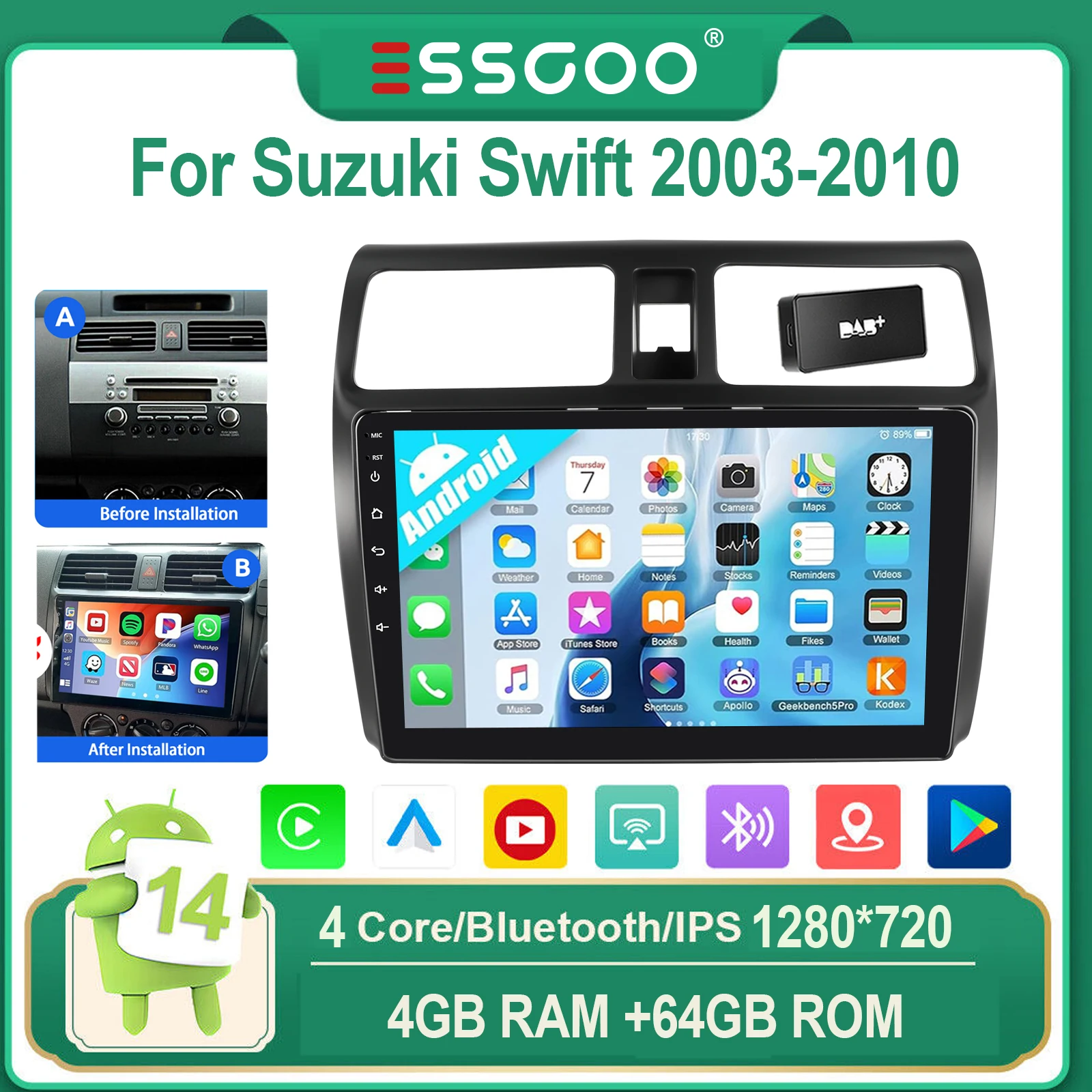 ESSGOO Voor Suzuki Swift 2003-2010 Android 14 10" IPS Touchscreen Autoradio Draadloze CarPlay Android Auto WIFI GPS Bluetooth FM Mirror Link Stuurwielbediening 4-Core Multimedia Videospeler