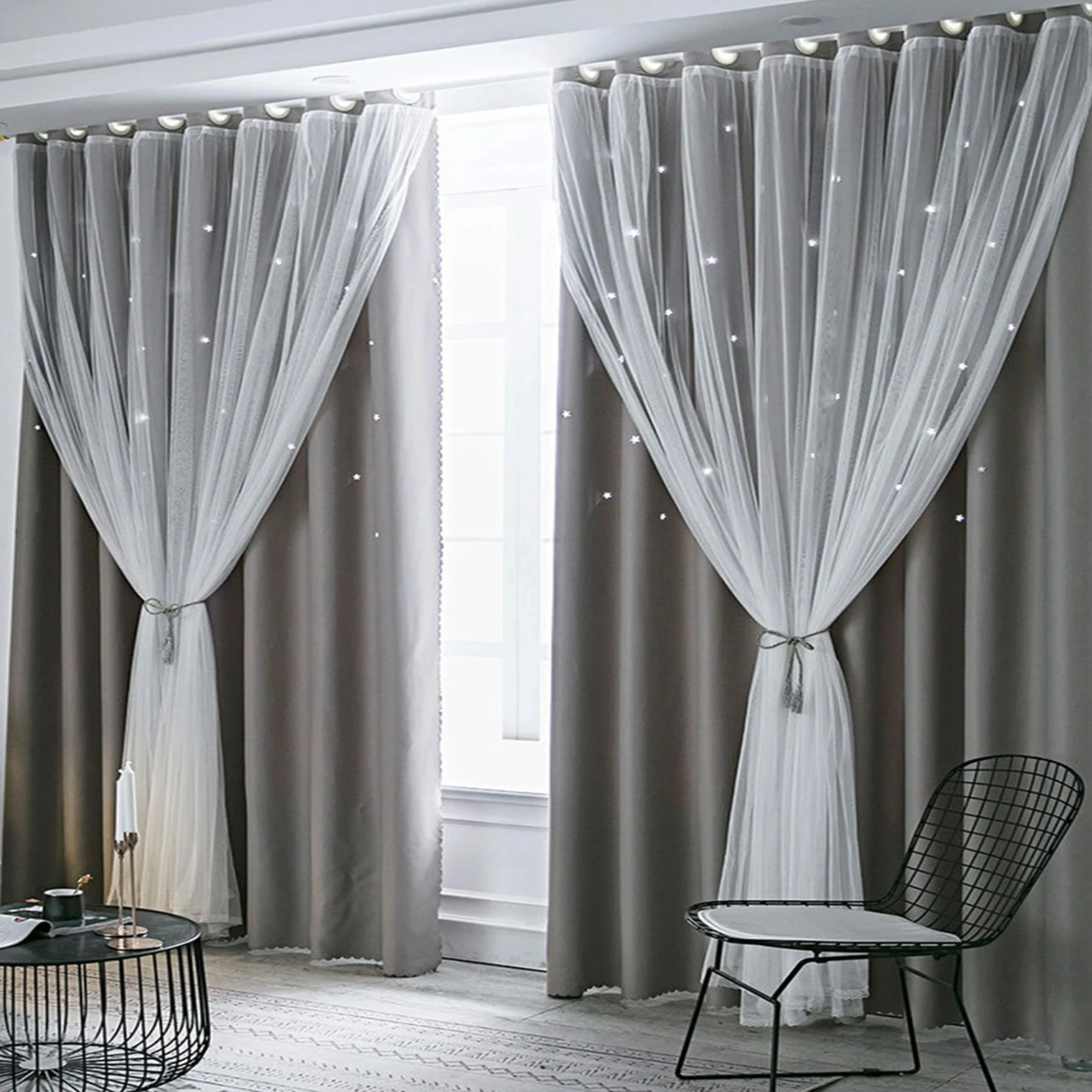

1pc Gray Color Romantic Double Layer Star Patterned Curtains With Sheer Fabric, for Living Room, Bedroom,for All Seasons decor