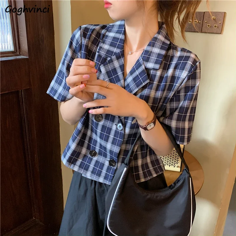 Blouses Shirts Women Plaid Crop Top Vintage Korean Style Sweet Notched Ins Fashion Slender Leisure Chic All-match Summer Loose