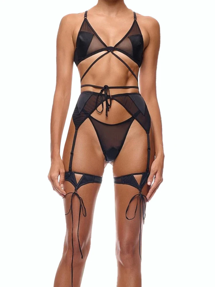 Belamimi Women Sexy Three Point Lingerie 4Pcs Set Fashion See Through Mesh Bandage Shaping Slim Underwear Nightwear Club Outfit