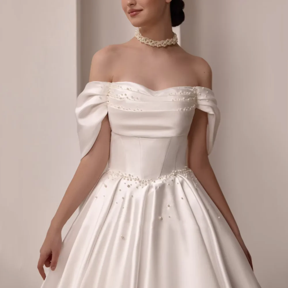 Abiti da sposa eleganti senza spalline personalizzati con spalle scoperte Abiti da sposa classici Una linea di perle Abito da sposa con lacci Vestido De Novia