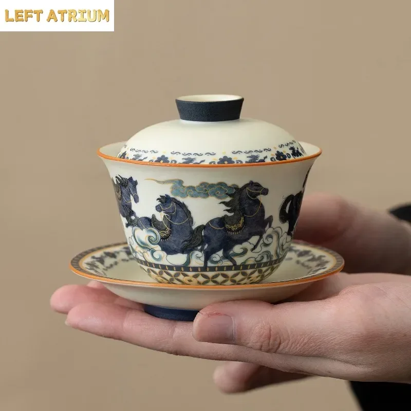 Horse Pattern Rock Mine Bai San Cai Bowl Cover Household Tea Cup Ceramic Retro Kung Fu Tea Ceremony