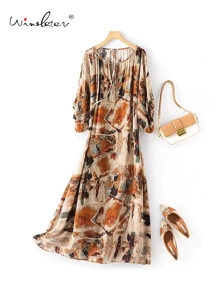 Winsleter-100%Real Silk Double Crepe Elegant Dress, O Neck Printed, Women Design Sense Thin Dresses, 2026 Summer New D66514CC