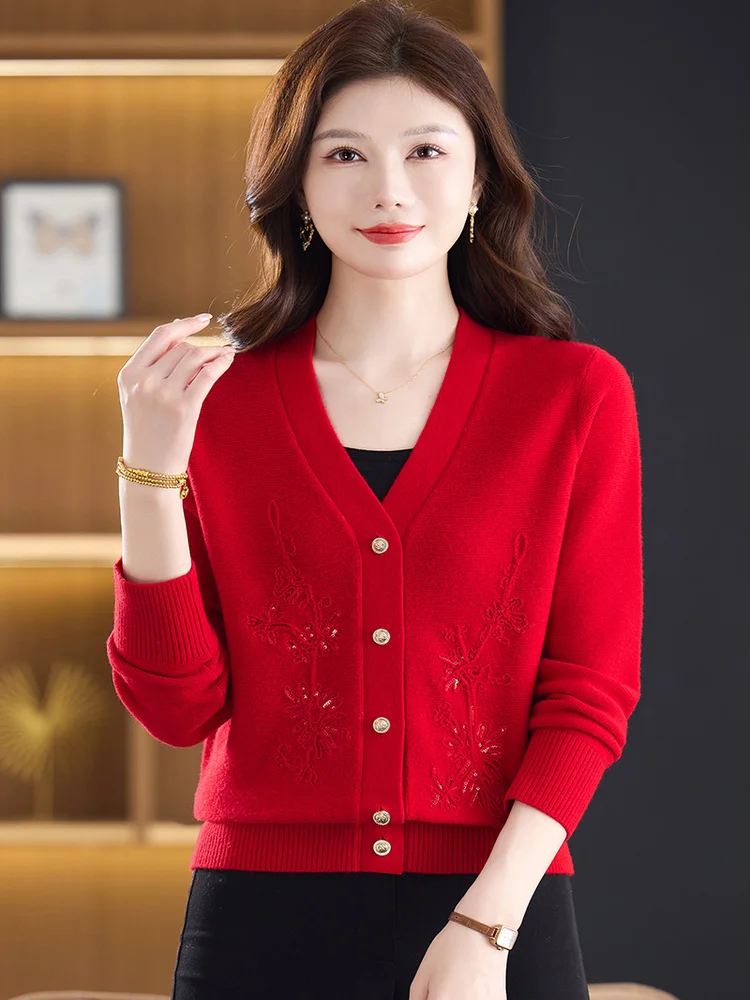 

Red V-Ne Embroidered Knitted Open Cardigan Women's Pure Wool Sweater Jaet Spring Autumn Lightweight Mommy Faion
