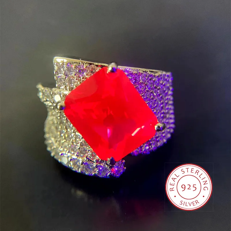 925 Silver Fashion Luxury Rose Diamond Luxury Set Diamond Red Corundum Ring Feminine Square Diamond Bridal Ring Jewelry