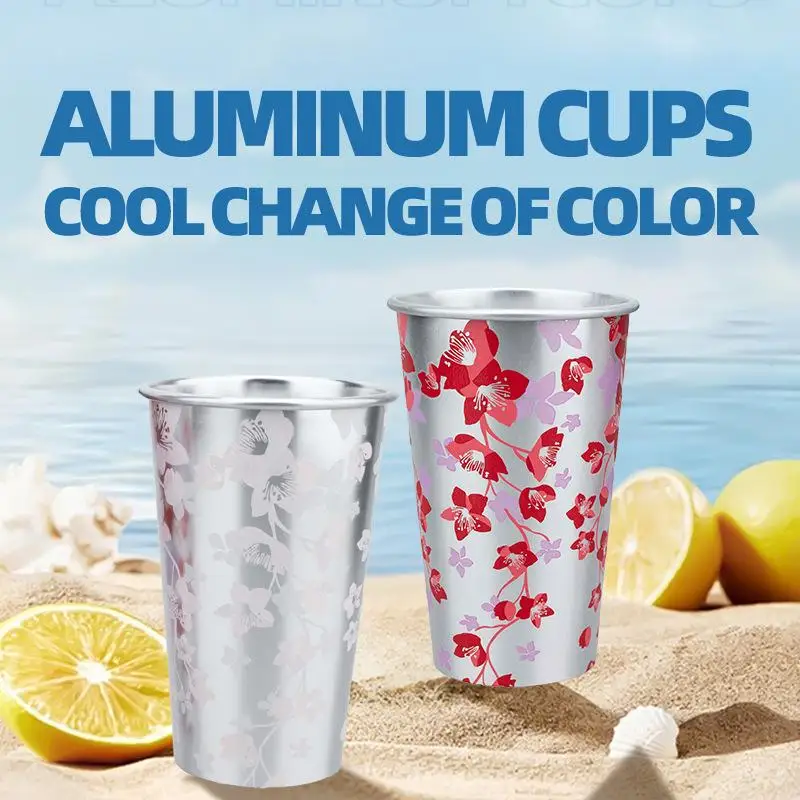 Cherry Blossom Pattern Color Changing Aluminum Cup Anti Fall For Cold Drink Beer Cola Juice Bar Outdoor Home
