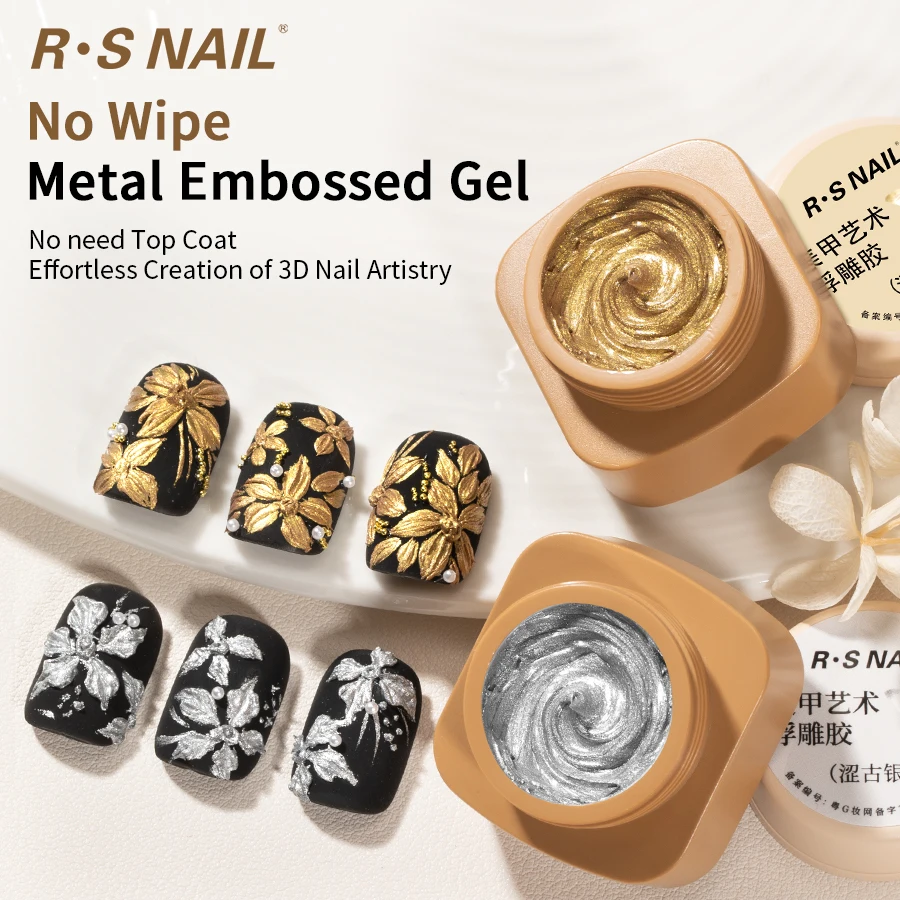 RSNAIL 3D Metall-Prägegel Ohne Abwischen Modellier-Gel Ohne Überlack Gold Silber Textur-Gel für Nagelkunst-Dekoration 5g