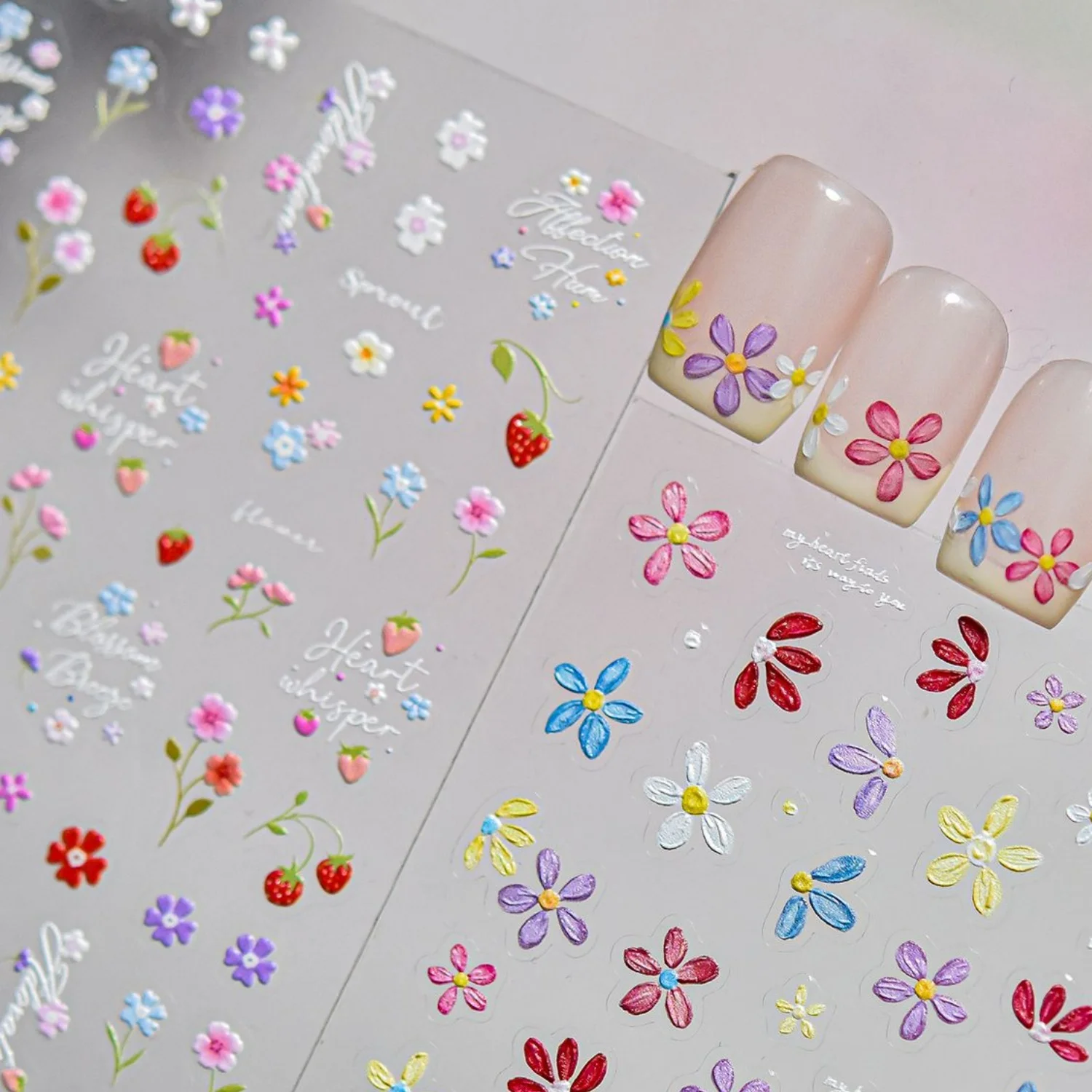 5D Small Flowers Strawberry Cherry Nail Art Stickers French Garden Berry Flowers Forest Vintage Rustic Style Embossed Nail Decal