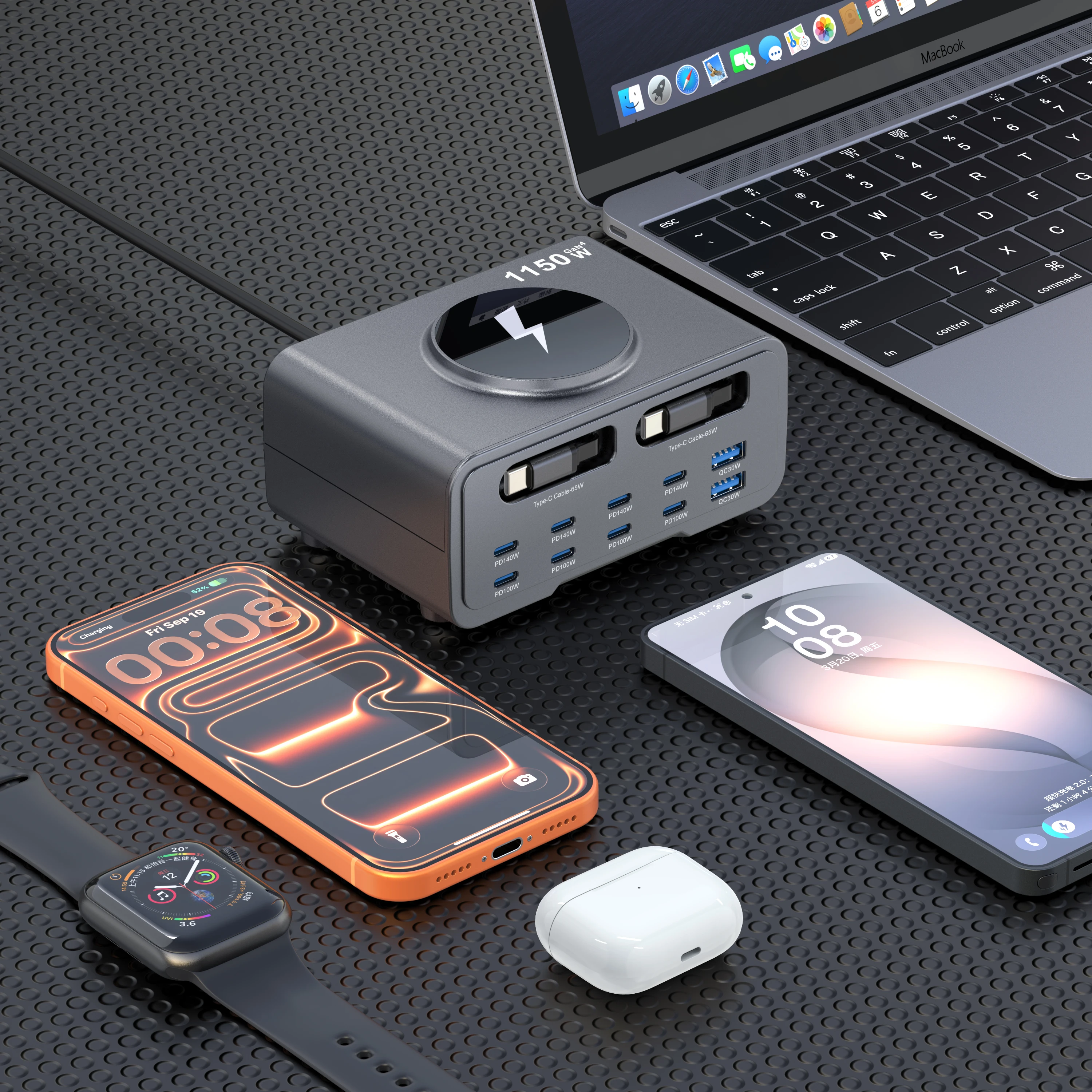 8C2A 1150W Dual Cable Multi Port PD Charging Station Desktop GaN Charger with Dual Retractable Cables 15W Wireless Pad Charging