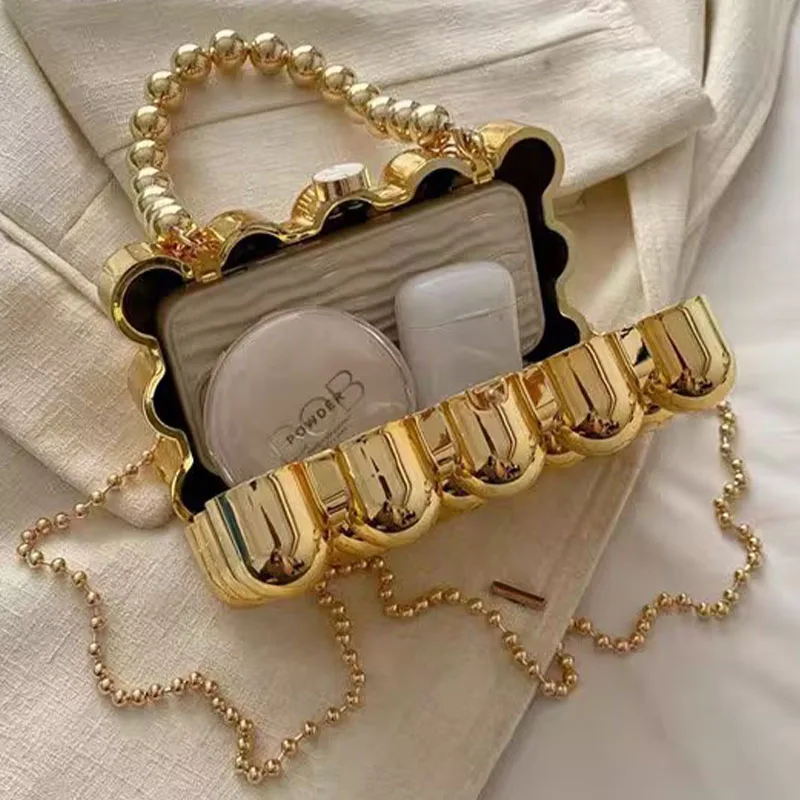 Plating Acrylic Square Clutch Handbags for Women 2024 Trendy Fashion Bubble Chain Top Handle Purse Box Crossbody Shoulder Bags