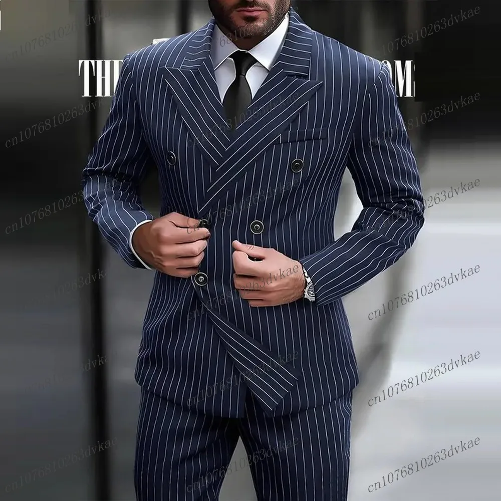 

Elastic Stripe Navy Blue Men Business Suit Groom Groomsman Wedding Party Formal Prom Male Tuxedos 2 Piece Set Jacket And Pants