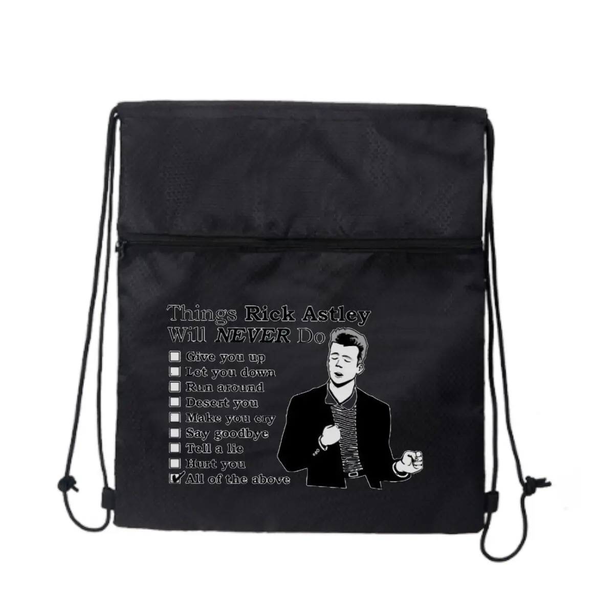 

Вещи Рик Астроли никогда не сделать дизайн Черная сверхлегкая уличная сумка на молнии на шнурке идеально подходит для коротких походов